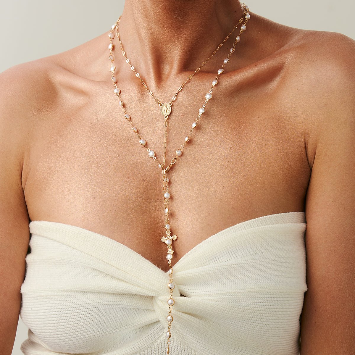 Charming 2pcs Cross Pendant Pearl Chain Y Necklace Set - ArtGalleryZen