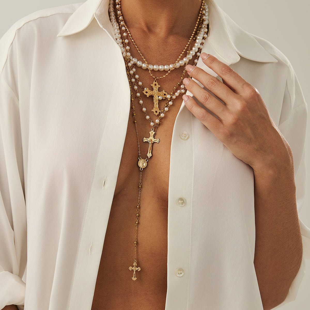 Charming 4pcs Cross Pendant Pearl Long Chain Y Necklace Set - ArtGalleryZen