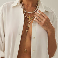 Thumbnail for Charming 4pcs Cross Pendant Pearl Long Chain Y Necklace Set - ArtGalleryZen