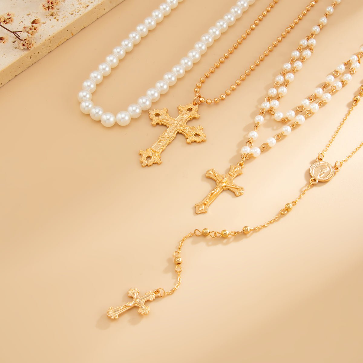 Charming 4pcs Cross Pendant Pearl Long Chain Y Necklace Set - ArtGalleryZen