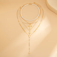 Thumbnail for Charming 4pcs Cross Pendant Pearl Long Chain Y Necklace Set - ArtGalleryZen