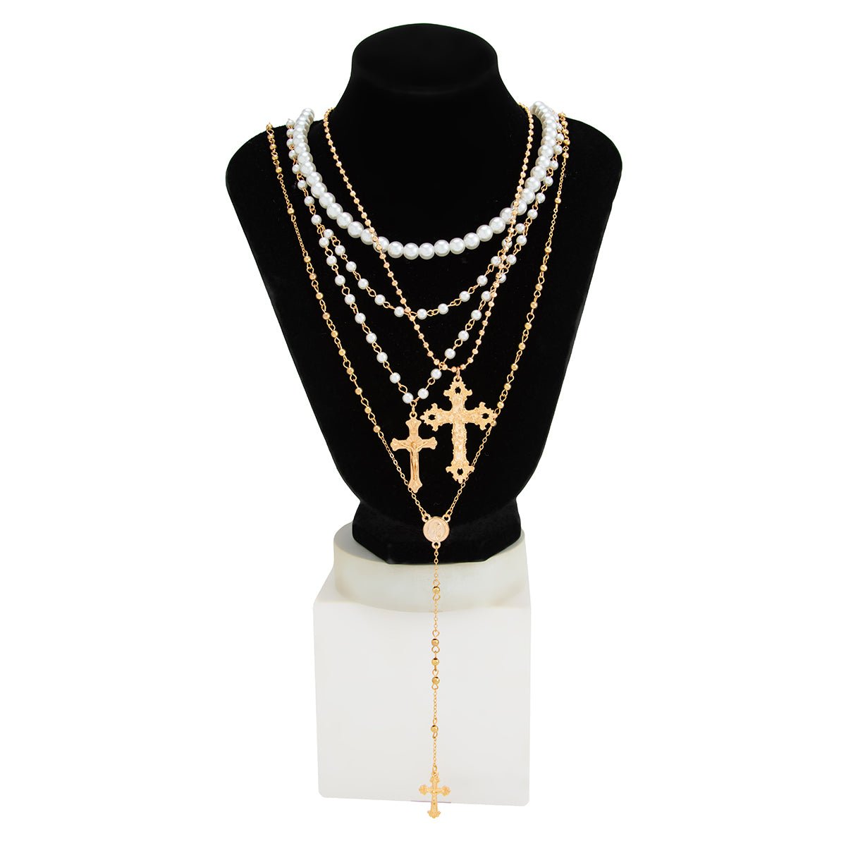Charming 4pcs Cross Pendant Pearl Long Chain Y Necklace Set - ArtGalleryZen
