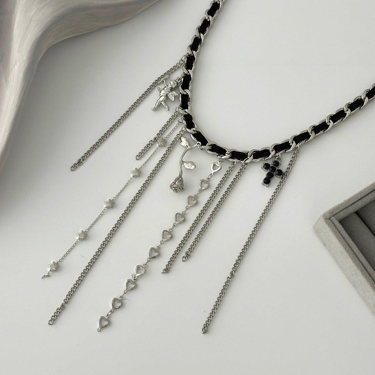 Charming Cupid Rose Heart Star Tassel Velvet Necklace - ArtGalleryZen