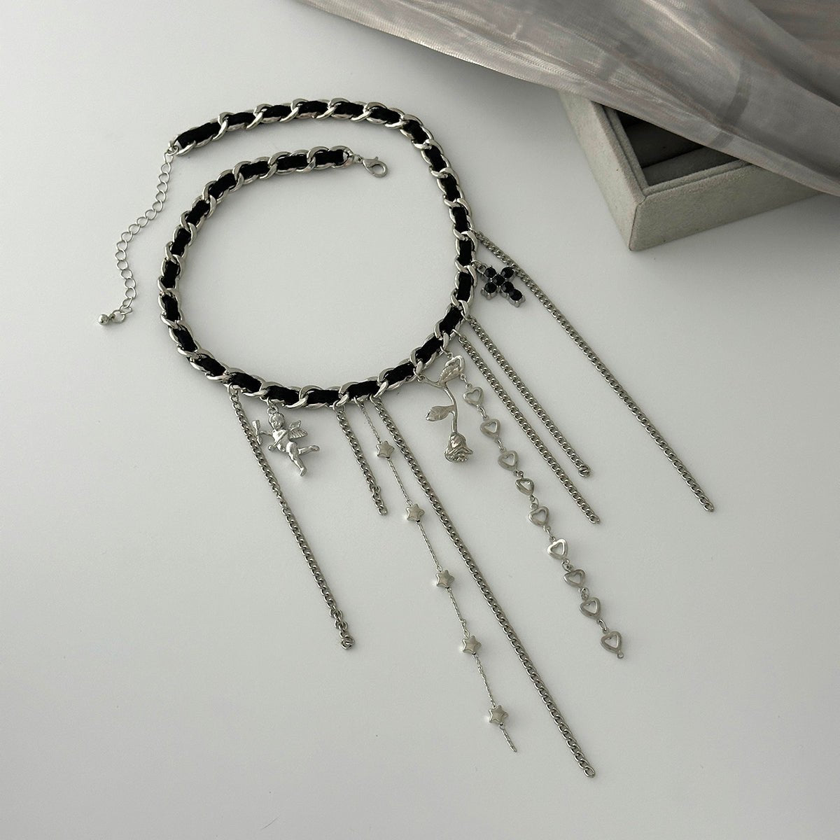 Charming Cupid Rose Heart Star Tassel Velvet Necklace - ArtGalleryZen