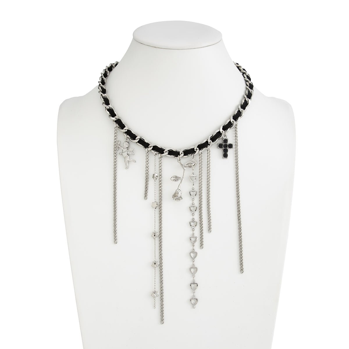 Charming Cupid Rose Heart Star Tassel Velvet Necklace - ArtGalleryZen