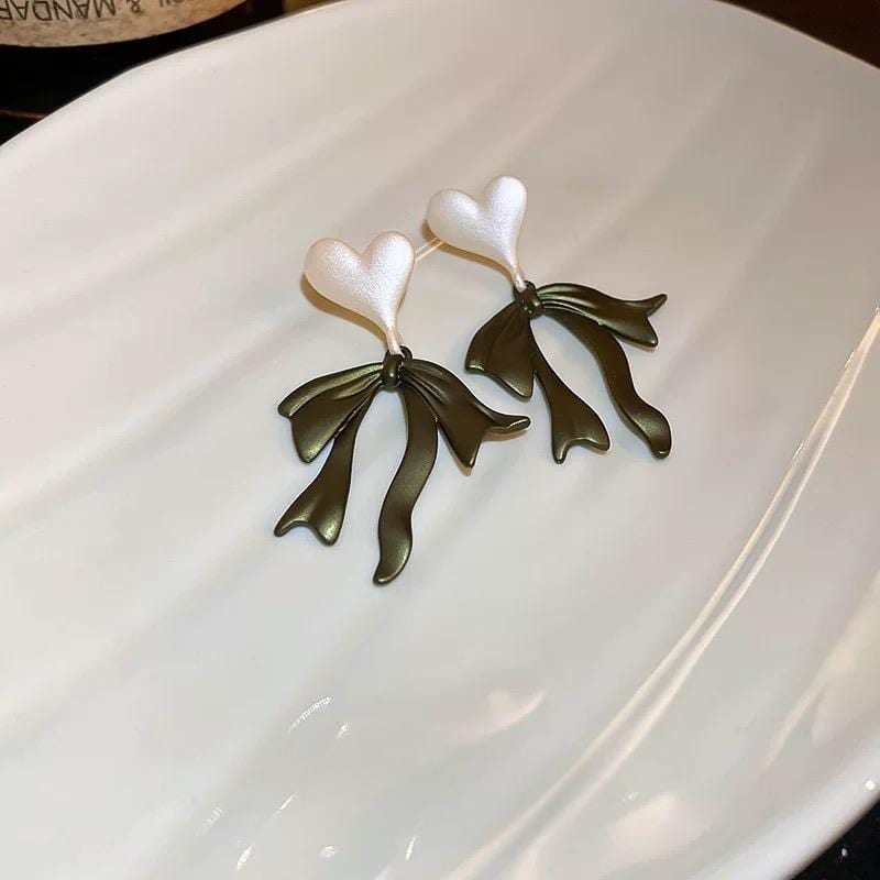 Charming Enamel Heart Dangling Ribbon Bowknot Earrings - ArtGalleryZen