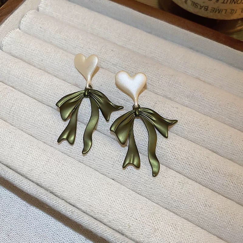 Charming Enamel Heart Dangling Ribbon Bowknot Earrings - ArtGalleryZen