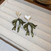 Thumbnail for Charming Enamel Heart Dangling Ribbon Bowknot Earrings - ArtGalleryZen