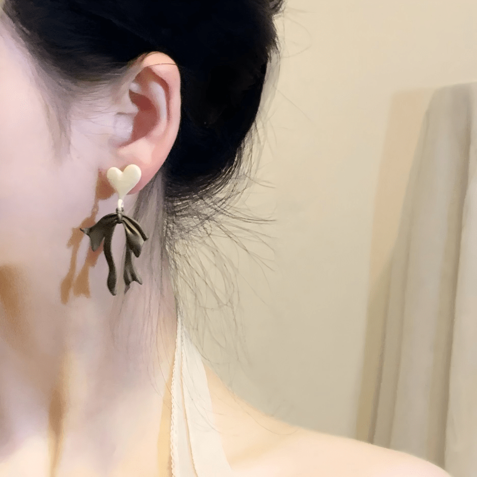 Charming Enamel Heart Dangling Ribbon Bowknot Earrings - ArtGalleryZen