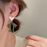 Thumbnail for Charming Enamel Heart Dangling Ribbon Bowknot Earrings - ArtGalleryZen