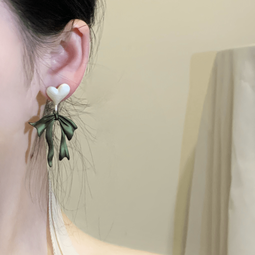 Charming Enamel Heart Dangling Ribbon Bowknot Earrings - ArtGalleryZen