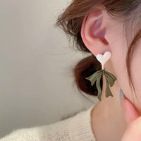 Thumbnail for Charming Enamel Heart Dangling Ribbon Bowknot Earrings - ArtGalleryZen
