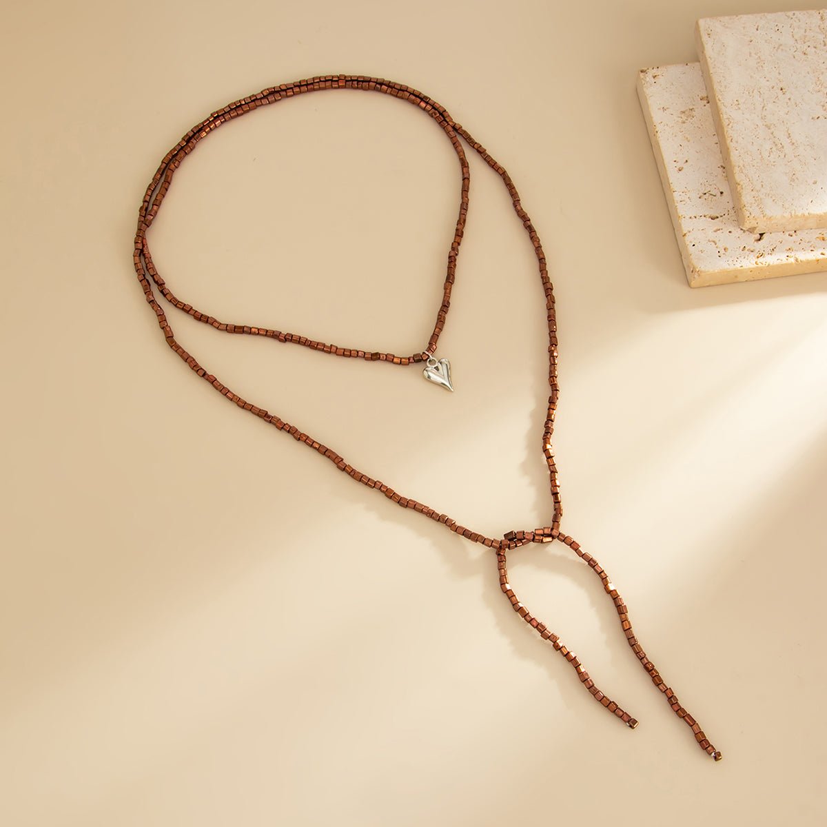 Charming Heart Pendant Square Seed Beaded Long Chain Necklace - ArtGalleryZen