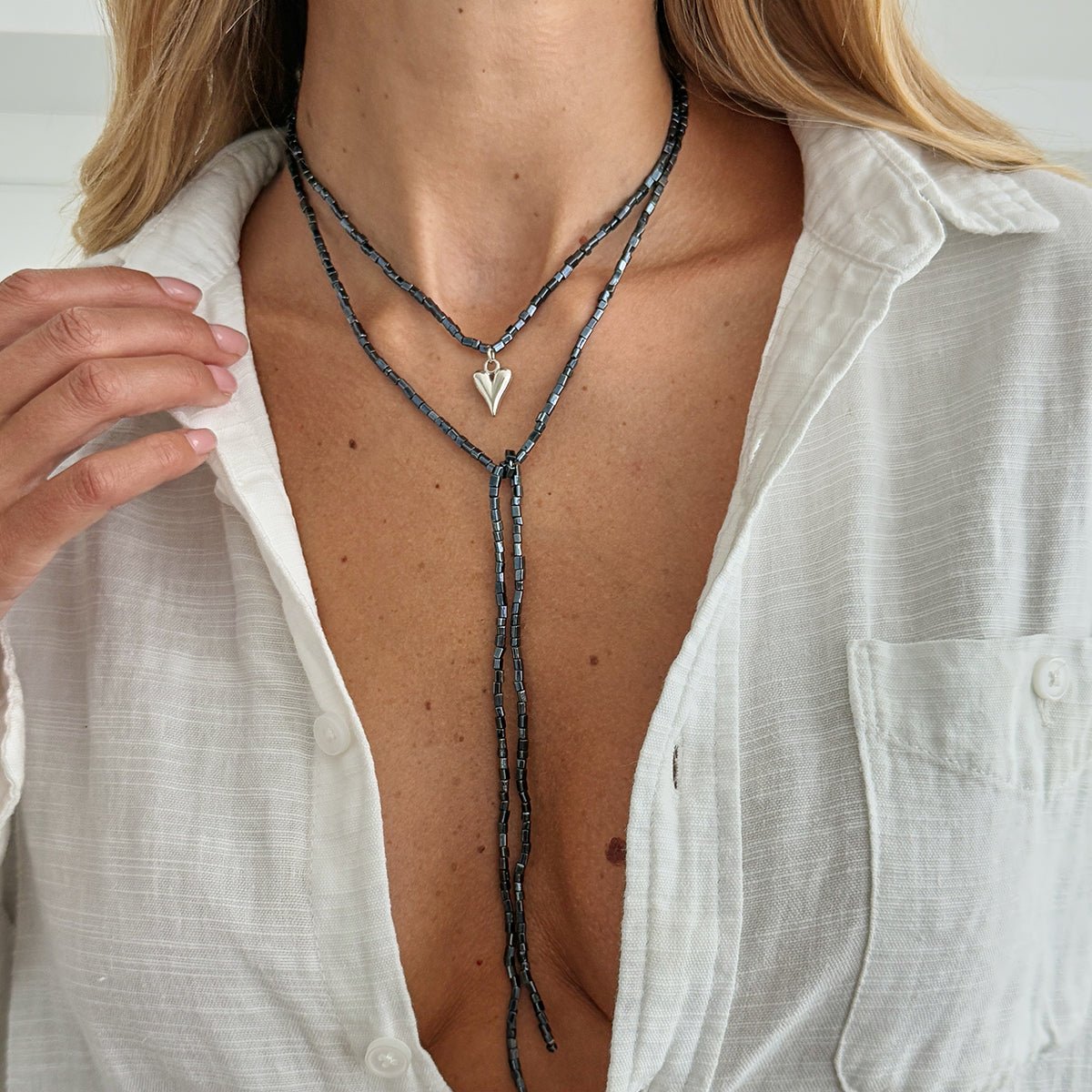 Charming Heart Pendant Square Seed Beaded Long Chain Necklace - ArtGalleryZen