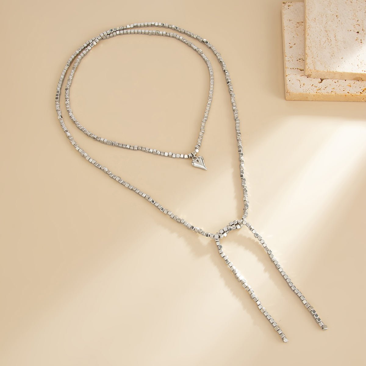 Charming Heart Pendant Square Seed Beaded Long Chain Necklace - ArtGalleryZen