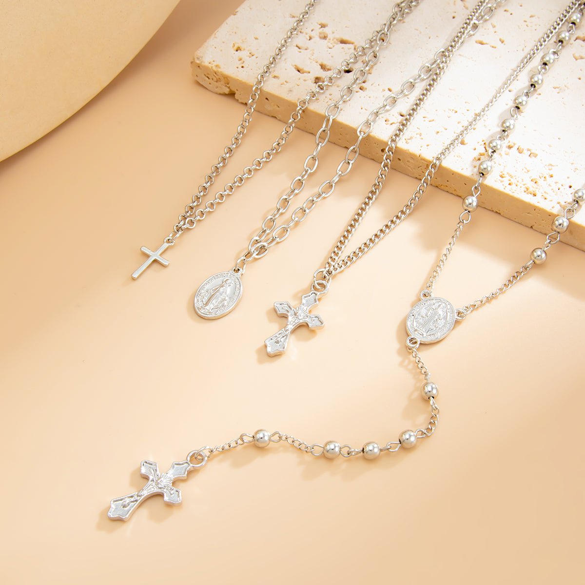 Charming Layered Cross Pattern Oval Disk Pendant Y Necklace Set - ArtGalleryZen