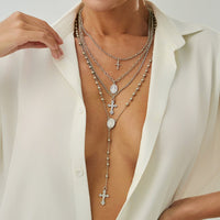 Thumbnail for Charming Layered Cross Pattern Oval Disk Pendant Y Necklace Set - ArtGalleryZen