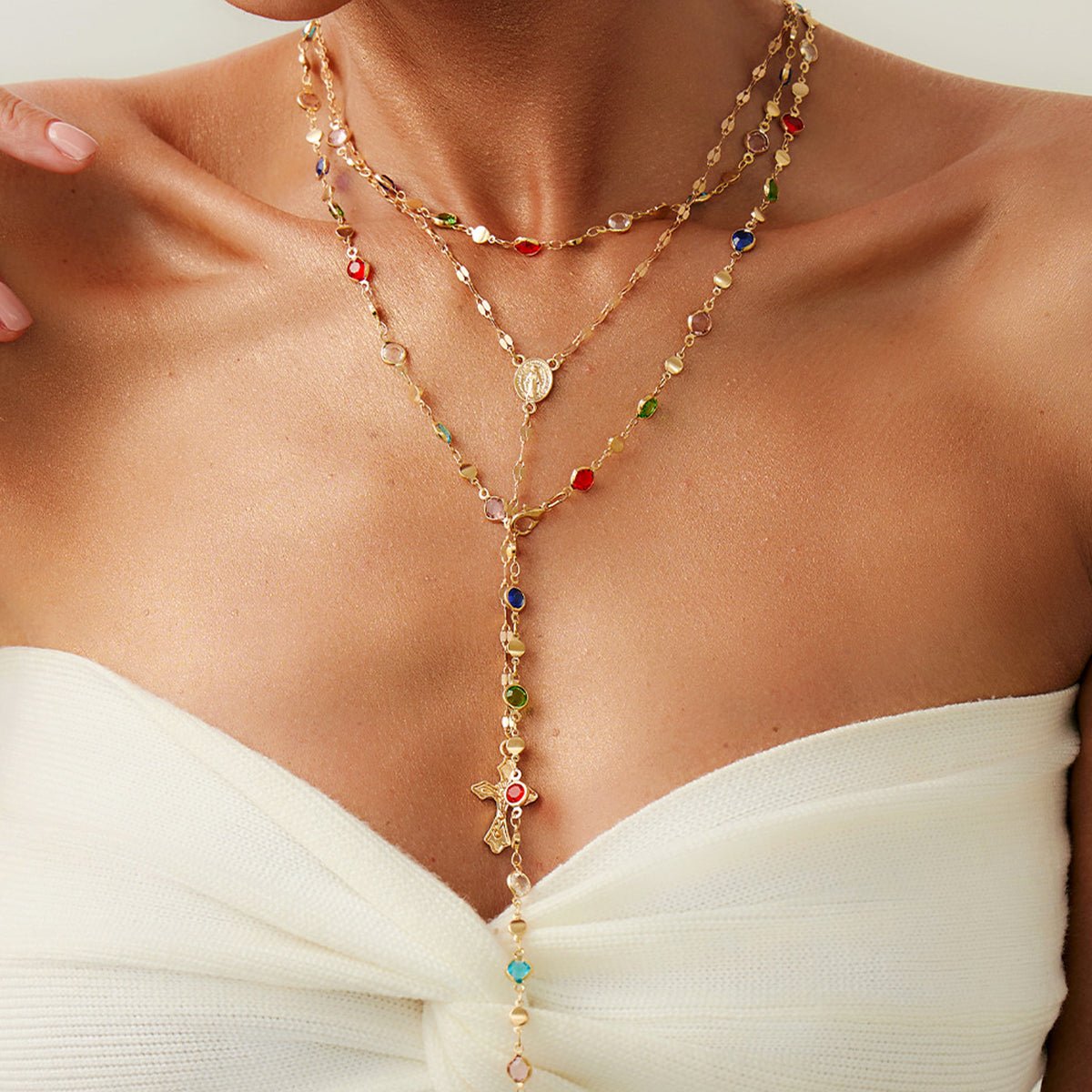 Charming Layered Cross Pendant Colorful Crystal Chain Y Necklace Set - ArtGalleryZen