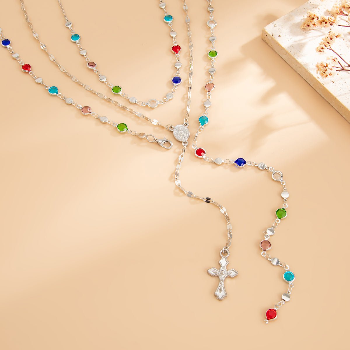 Charming Layered Cross Pendant Colorful Crystal Chain Y Necklace Set - ArtGalleryZen