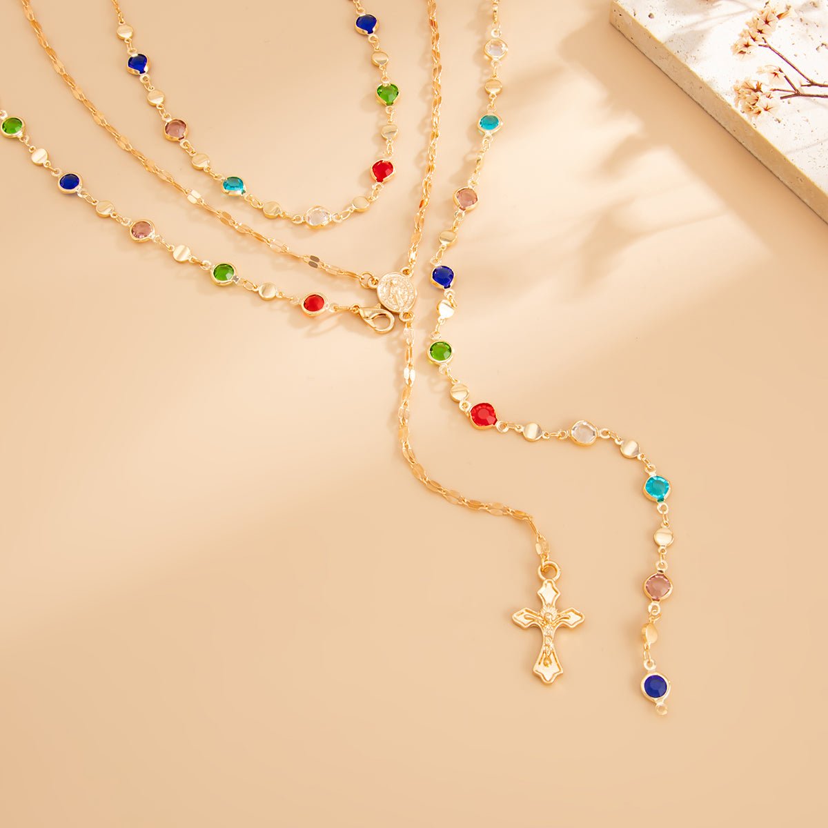 Charming Layered Cross Pendant Colorful Crystal Chain Y Necklace Set - ArtGalleryZen