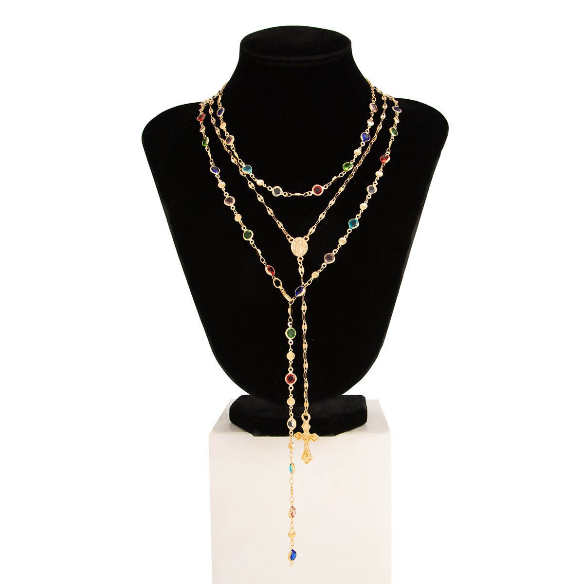 Charming Layered Cross Pendant Colorful Crystal Chain Y Necklace Set - ArtGalleryZen