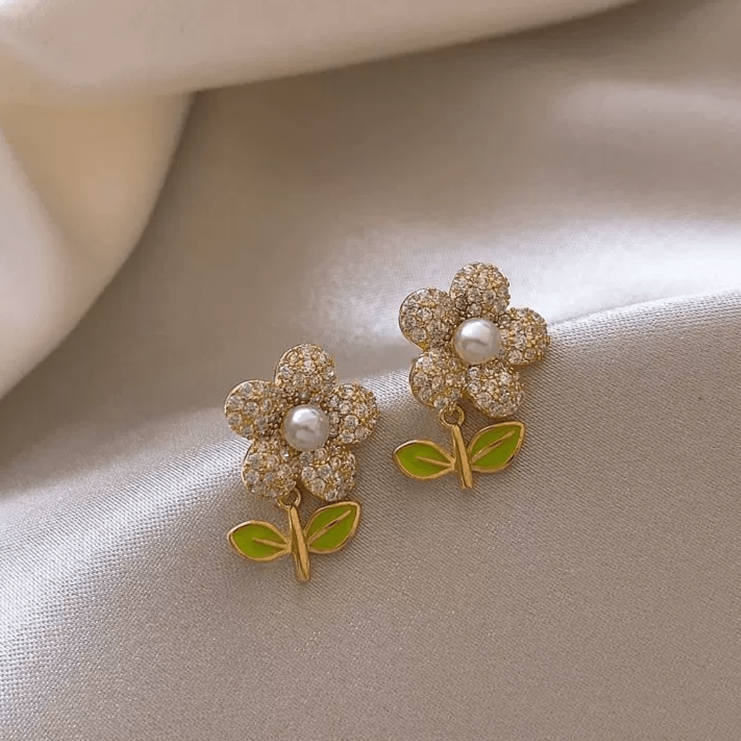 Charming Pearl Inlaid CZ Flower Earrings - ArtGalleryZen