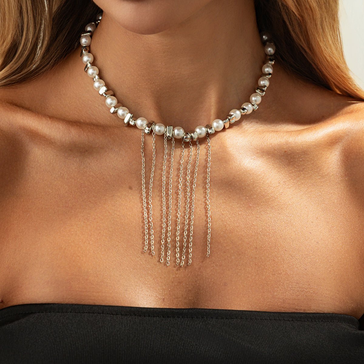 Charming Pearl Irregular Beaded Chain Tassel Choker Necklace Bracelet - ArtGalleryZen