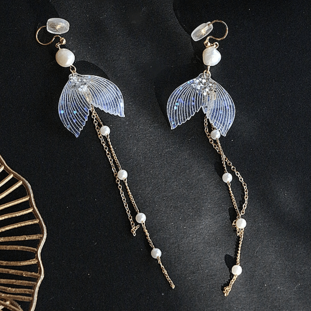 Chic 14K Gold Mermaid Tail Pearl Chain Tassel Ear Clip Earrings - ArtGalleryZen