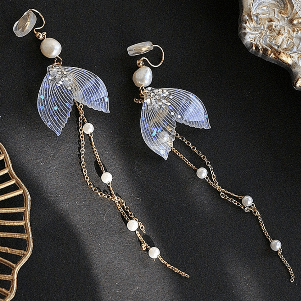 Chic 14K Gold Mermaid Tail Pearl Chain Tassel Ear Clip Earrings - ArtGalleryZen