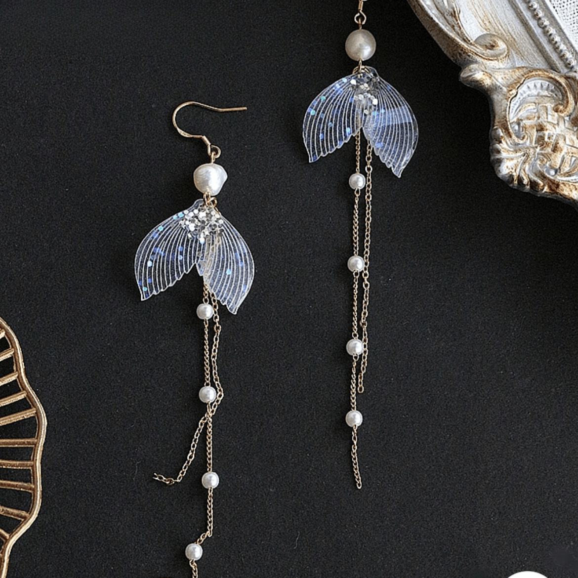 Chic 14K Gold Mermaid Tail Pearl Chain Tassel Ear Clip Earrings - ArtGalleryZen