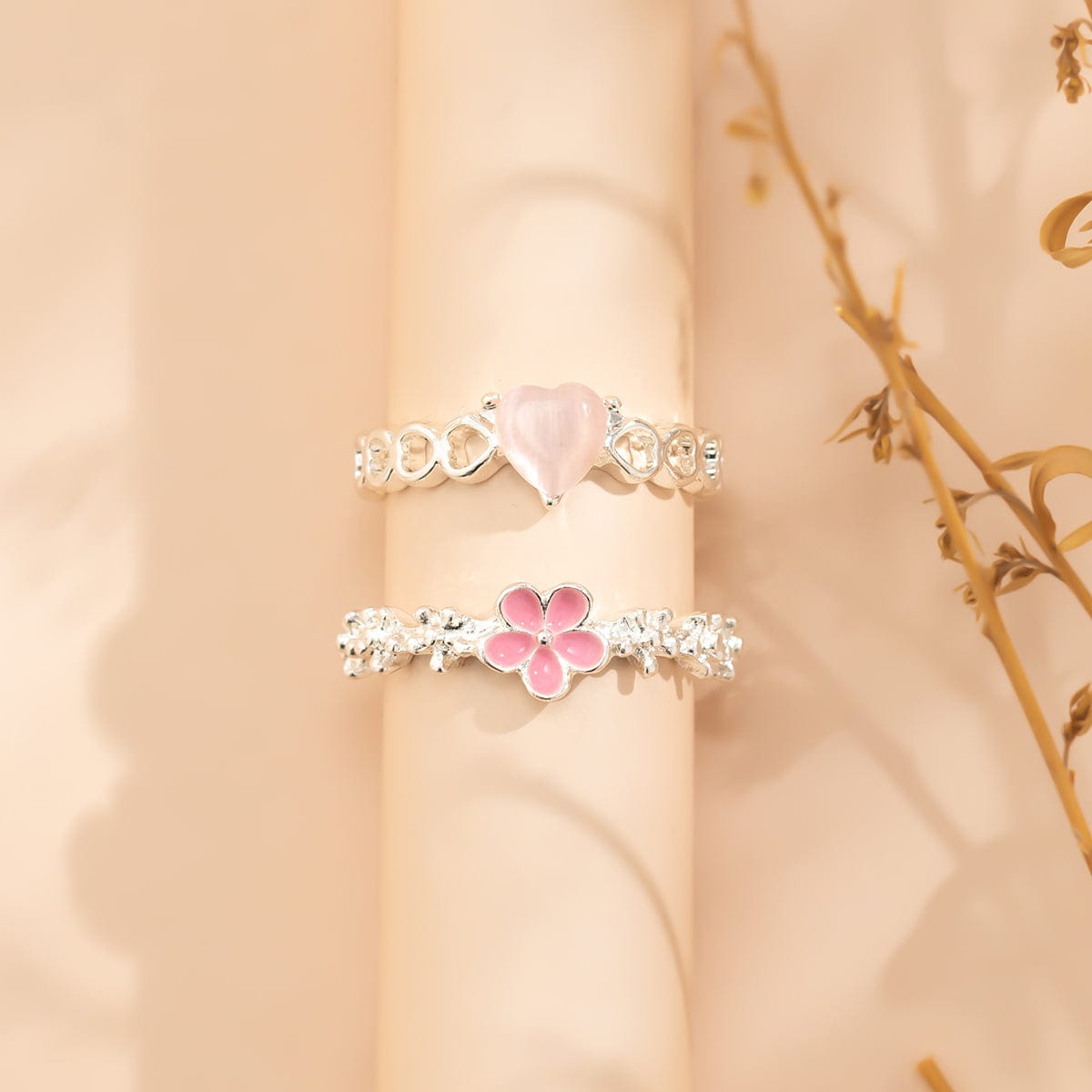 Chic 2 Pieces Enamel Flower Opal Heart Ring Set - ArtGalleryZen