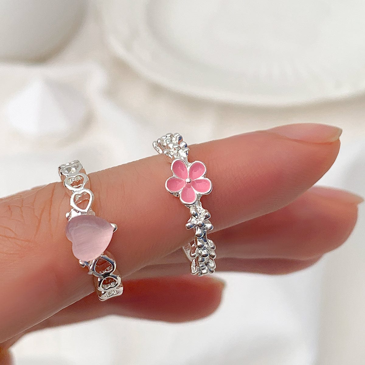 Chic 2 Pieces Enamel Flower Opal Heart Ring Set - ArtGalleryZen