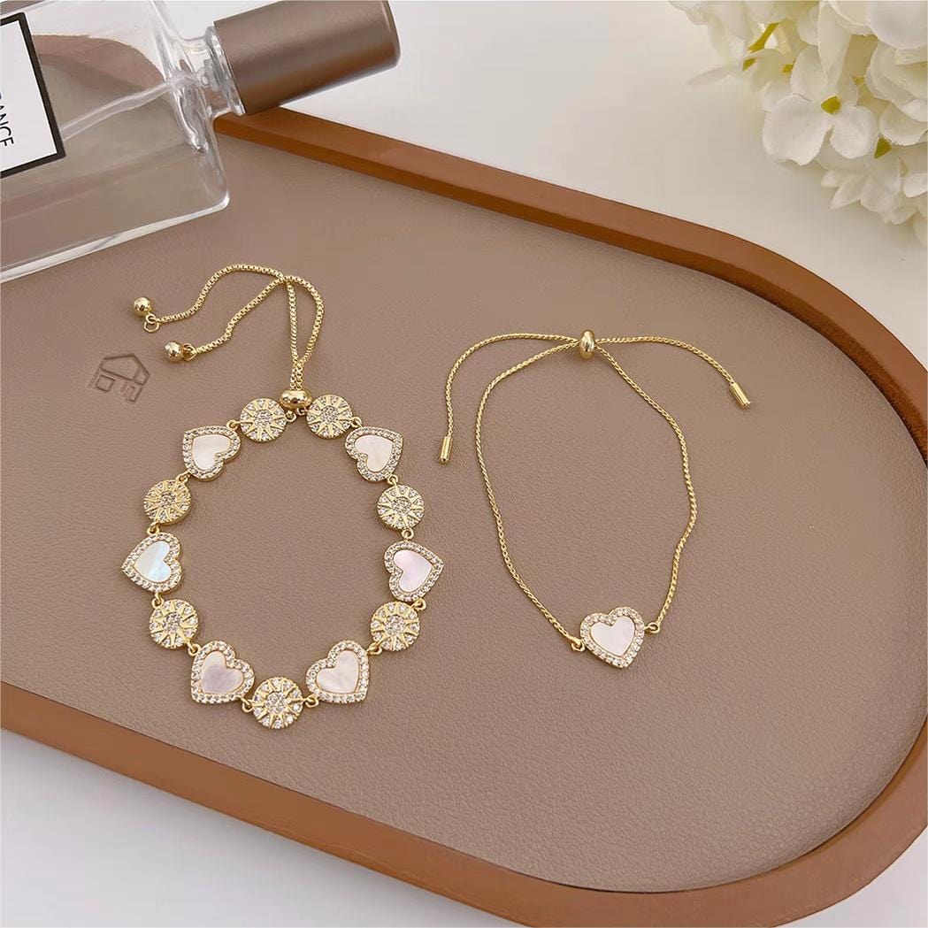 Chic 24k Gold CZ Inlaid Natural Pearl Shell Heart Bracelet - ArtGalleryZen