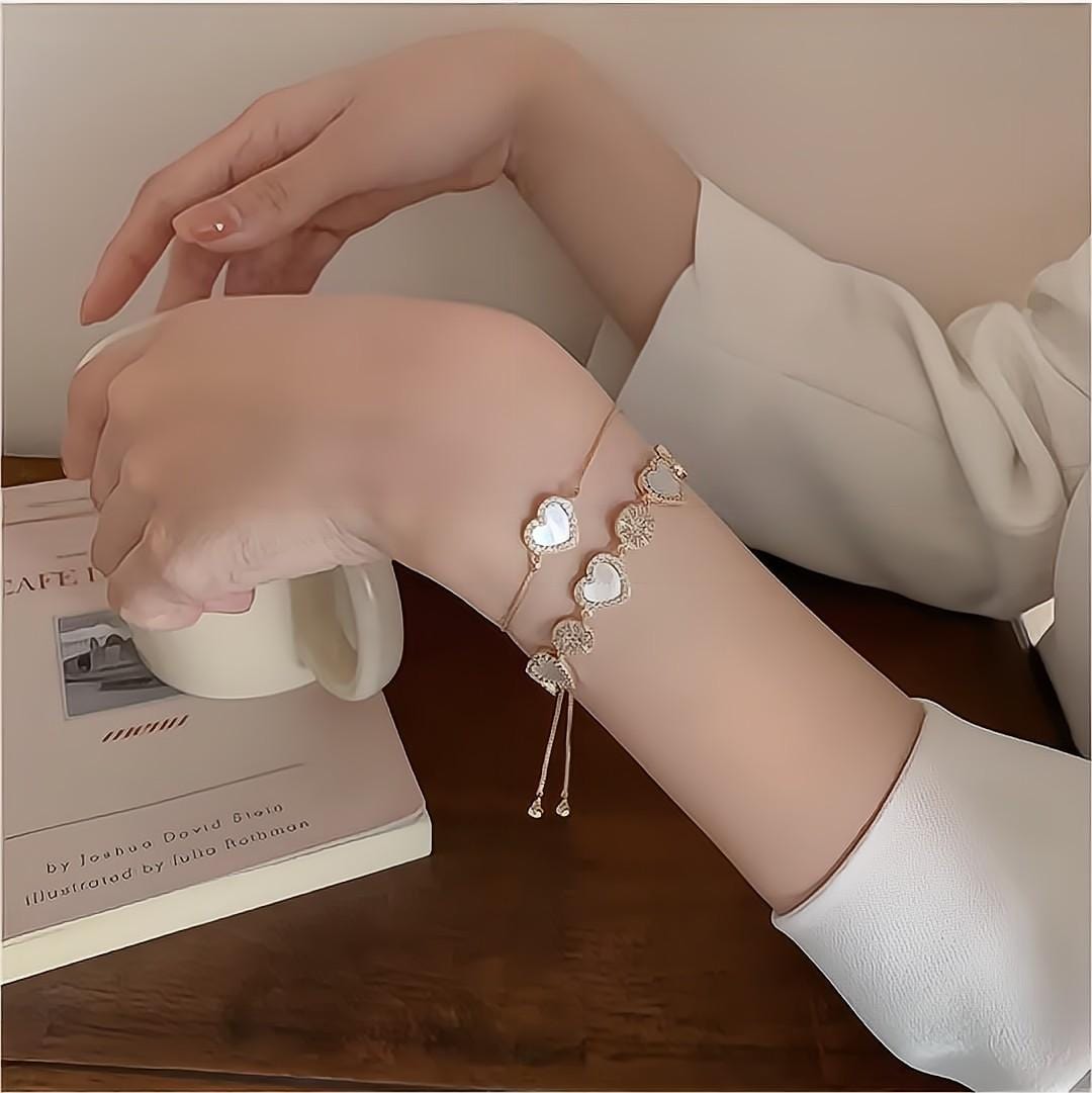 Chic 24k Gold CZ Inlaid Natural Pearl Shell Heart Bracelet - ArtGalleryZen