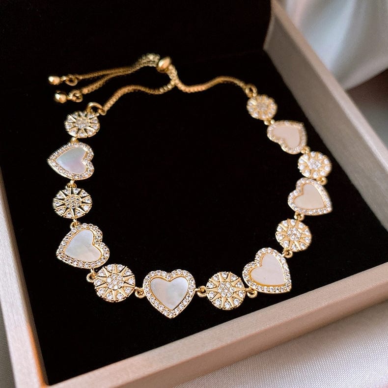 Chic 24k Gold CZ Inlaid Natural Pearl Shell Heart Bracelet - ArtGalleryZen