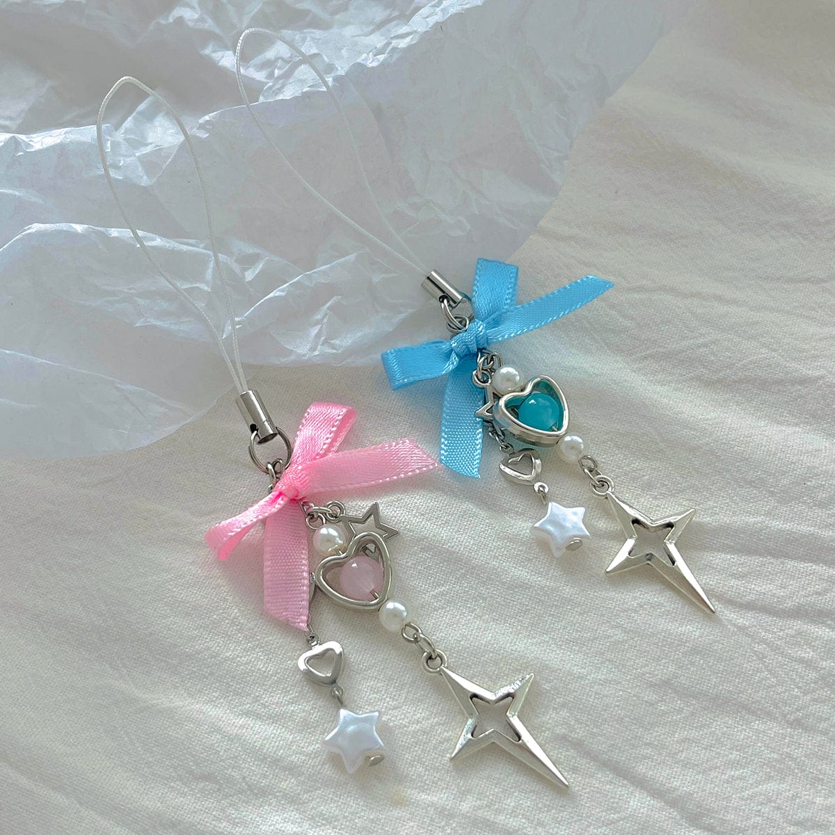 Chic 2pcs Bowknot Heart Star Keychain Phone Strap Set - ArtGalleryZen