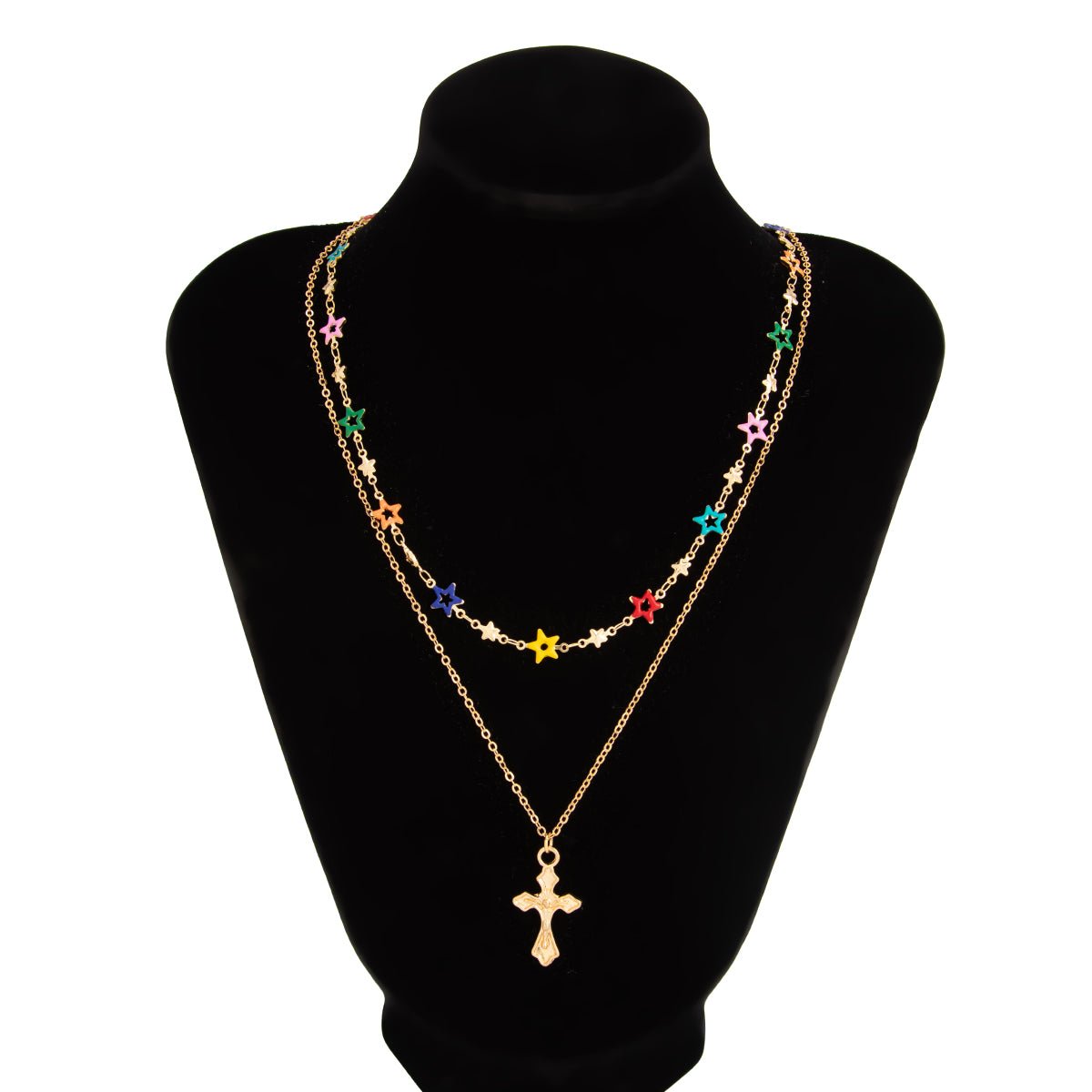 Chic 2pcs Cross Pendant Colorful Star Chain Necklace Set - ArtGalleryZen