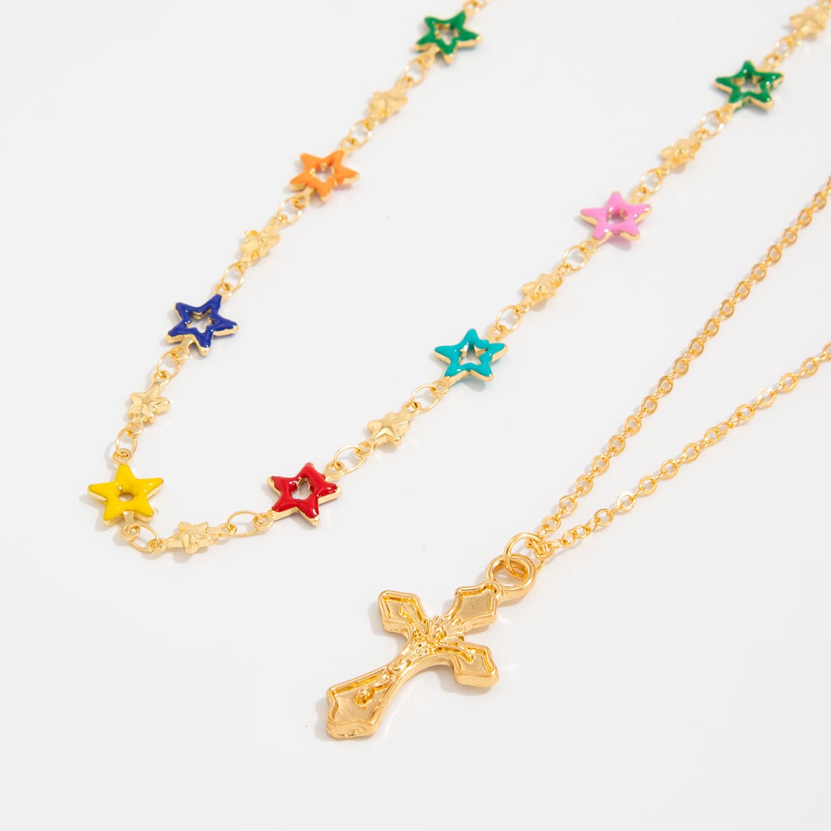 Chic 2pcs Cross Pendant Colorful Star Chain Necklace Set - ArtGalleryZen