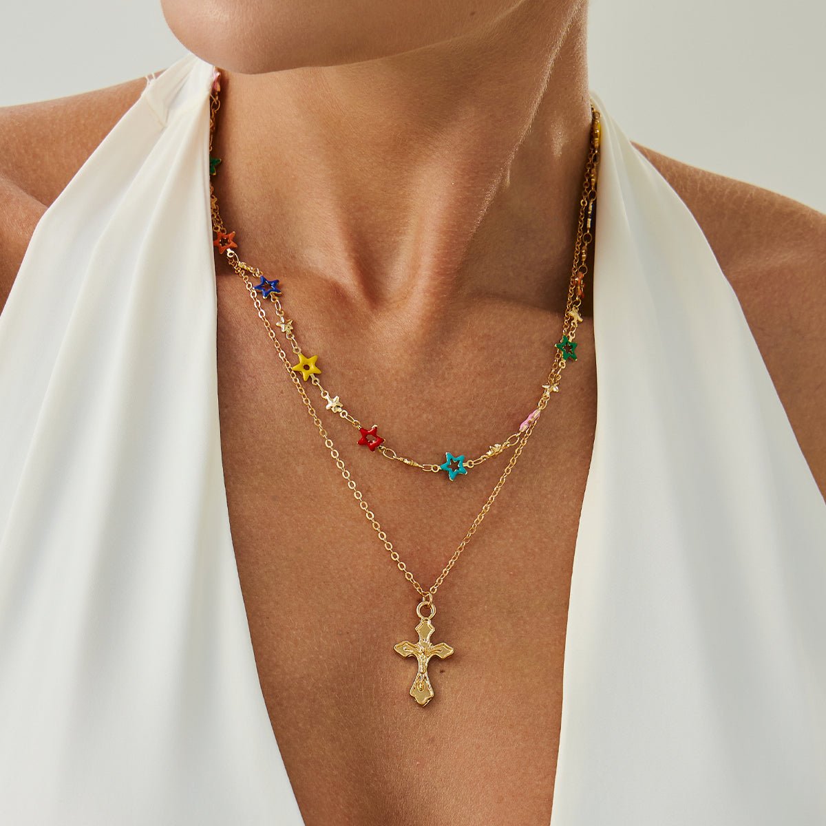 Chic 2pcs Cross Pendant Colorful Star Chain Necklace Set - ArtGalleryZen