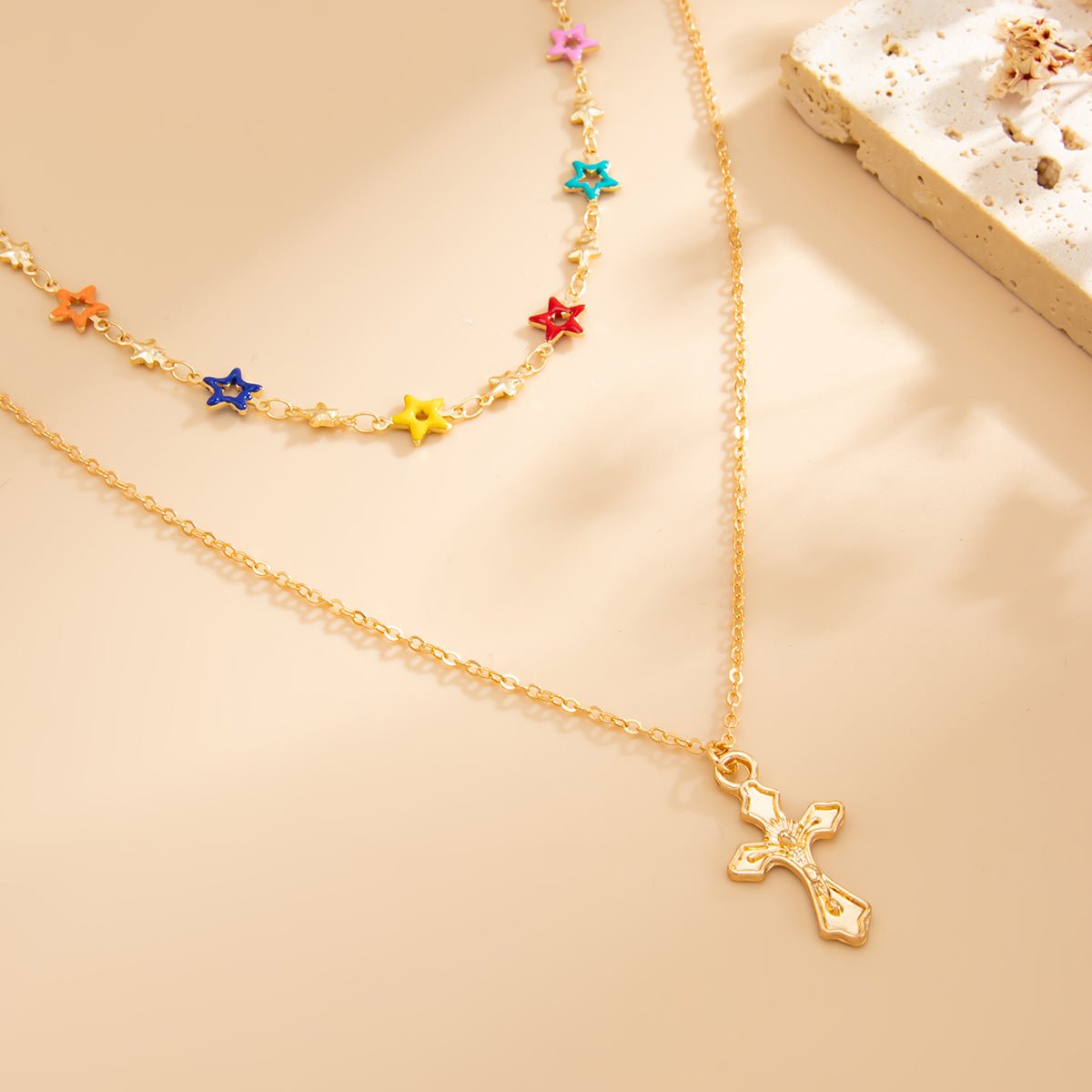 Chic 2pcs Cross Pendant Colorful Star Chain Necklace Set - ArtGalleryZen