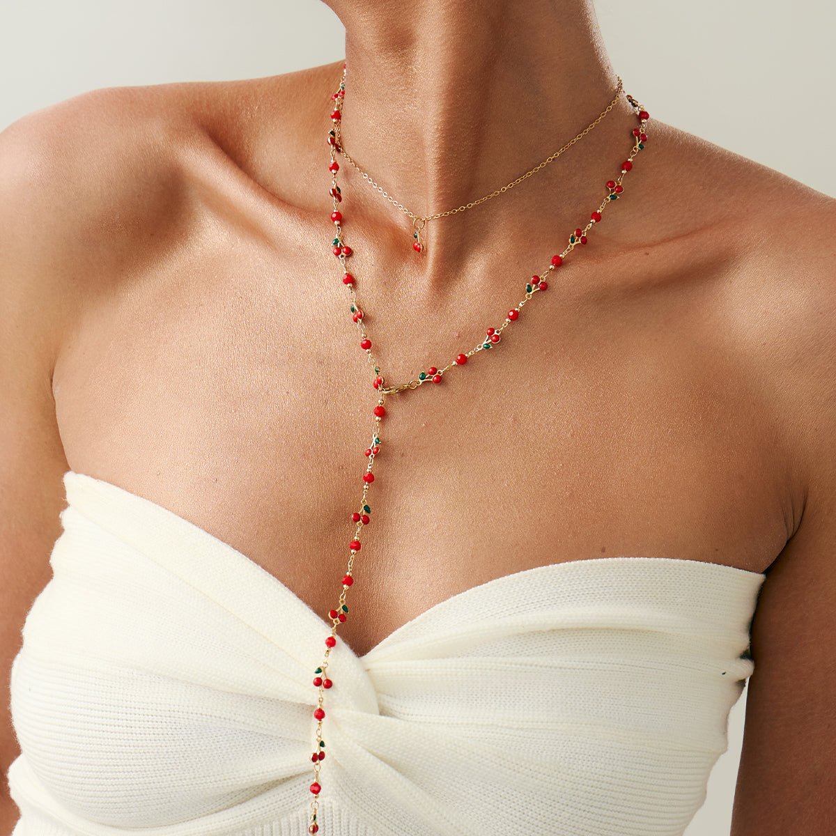 Chic 2pcs Enamel Cherry Rhinestone Chain Y Necklace Set - ArtGalleryZen