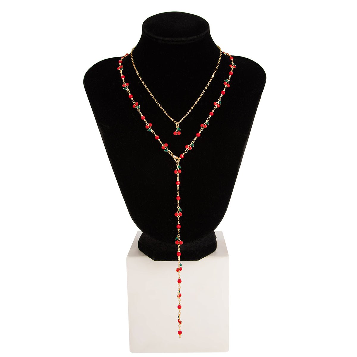 Chic 2pcs Enamel Cherry Rhinestone Chain Y Necklace Set - ArtGalleryZen