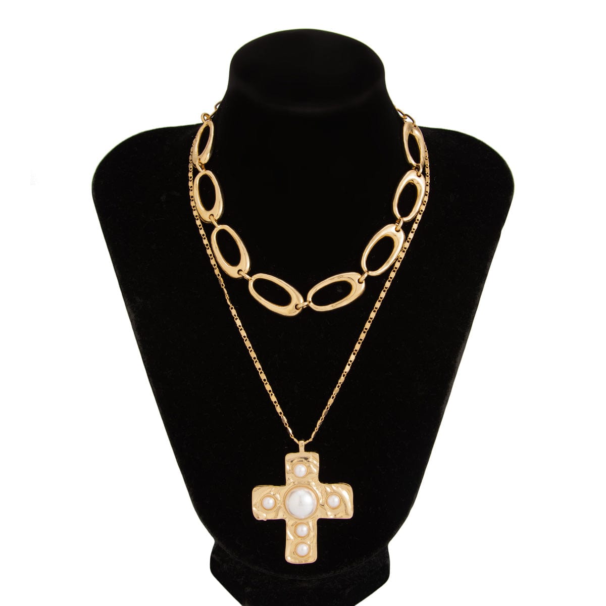 Chic 2pcs Gold Tone Pearl Inlaid Cross Pendant Necklace Set - ArtGalleryZen