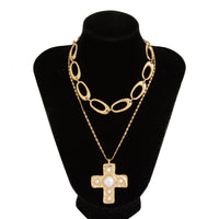 Thumbnail for Chic 2pcs Gold Tone Pearl Inlaid Cross Pendant Necklace Set - ArtGalleryZen