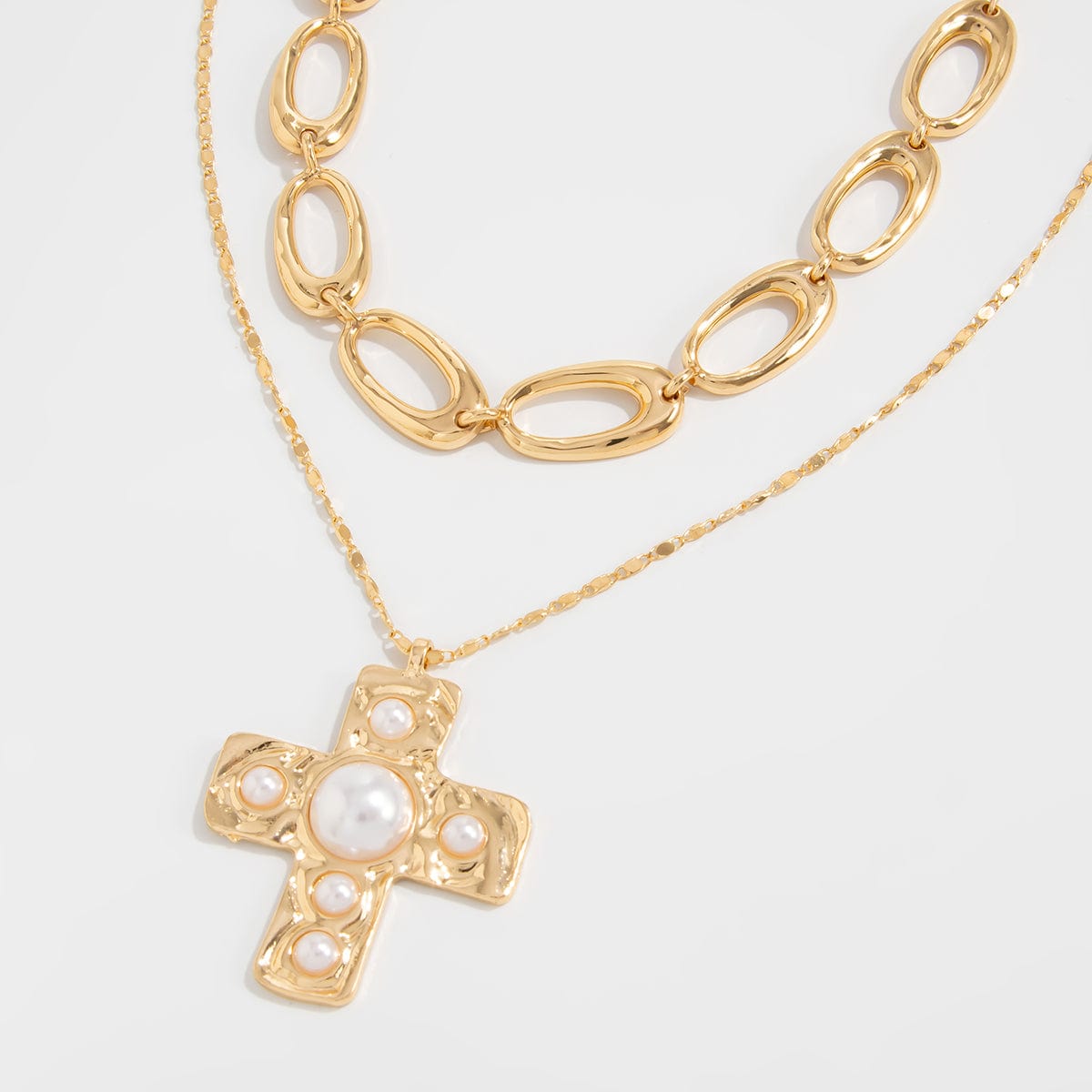 Chic 2pcs Gold Tone Pearl Inlaid Cross Pendant Necklace Set - ArtGalleryZen