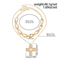 Thumbnail for Chic 2pcs Gold Tone Pearl Inlaid Cross Pendant Necklace Set - ArtGalleryZen