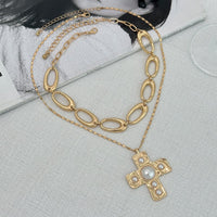 Thumbnail for Chic 2pcs Gold Tone Pearl Inlaid Cross Pendant Necklace Set - ArtGalleryZen