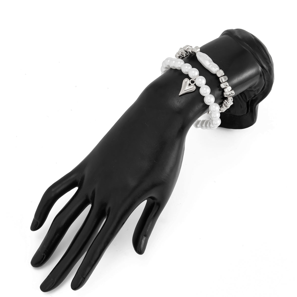 Chic 2pcs Heart Charm Pearl Irregular Beaded Chain Bracelet Set - ArtGalleryZen