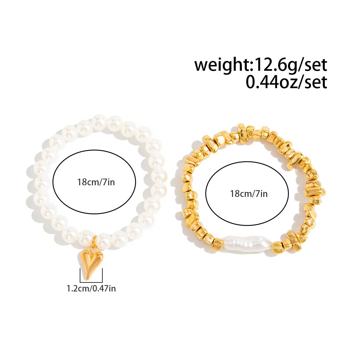 Chic 2pcs Heart Charm Pearl Irregular Beaded Chain Bracelet Set - ArtGalleryZen