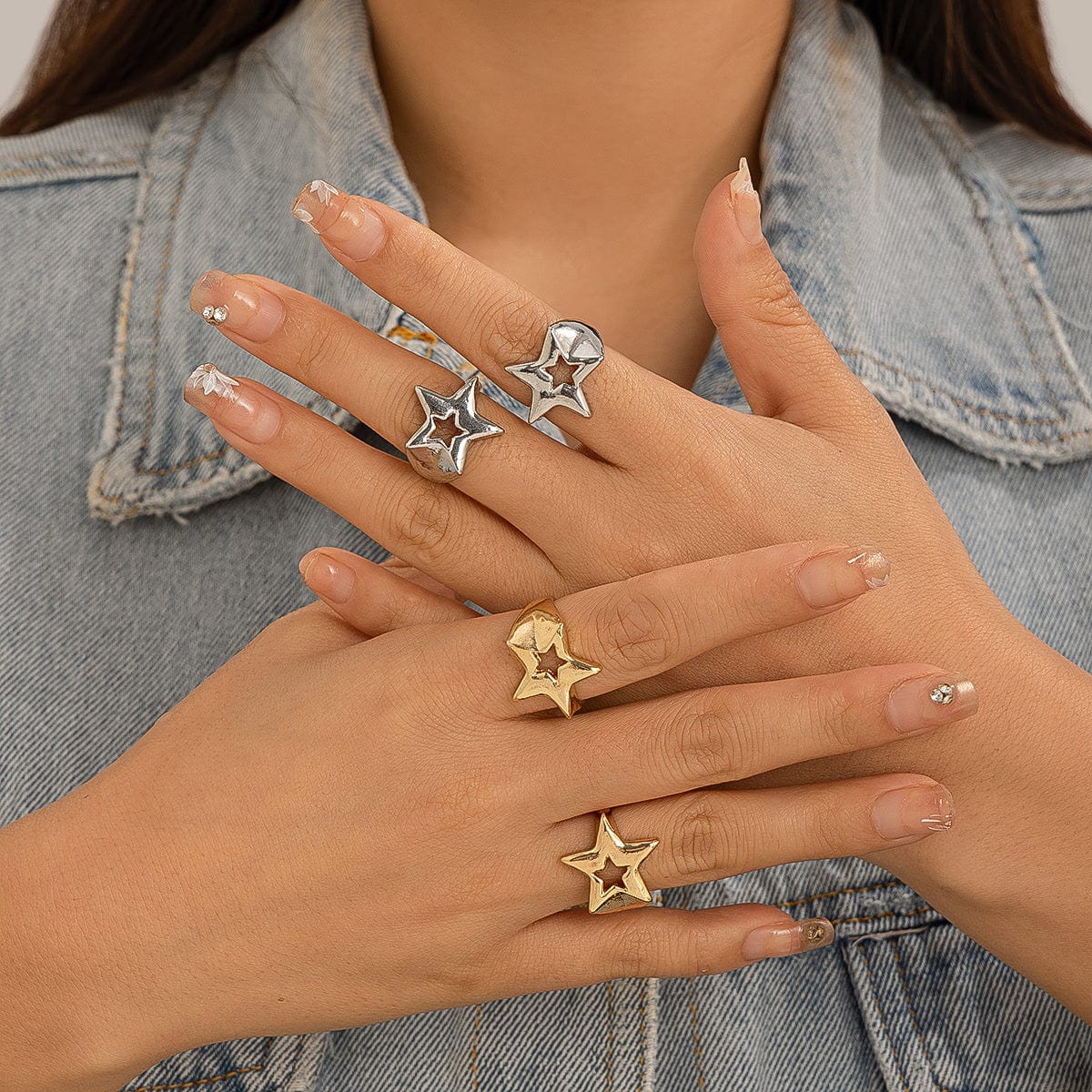 Chic 2Pcs Hollow Star Open Ring Set - ArtGalleryZen
